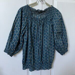 Lauren Ralph Lauren Top Womens Floral Blue Peasant Prairie Shirred Coastal Y2K